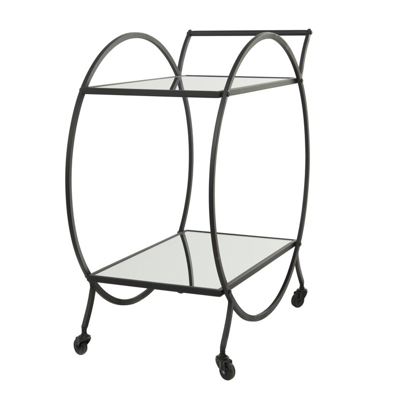  Bray Gold Metal Rolling Round 2 Mirrored Shelf Bar Cart with Top Handle, Black