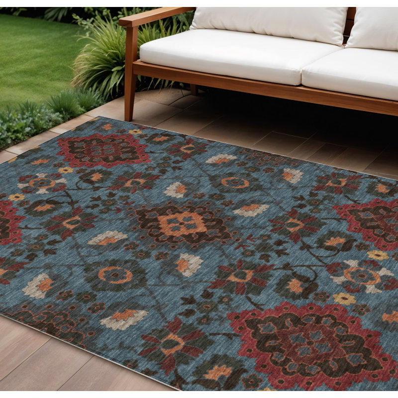 Tapis intérieur / extérieur oriental lavable 9 pi x 12 pi bleu brique rouge et brun