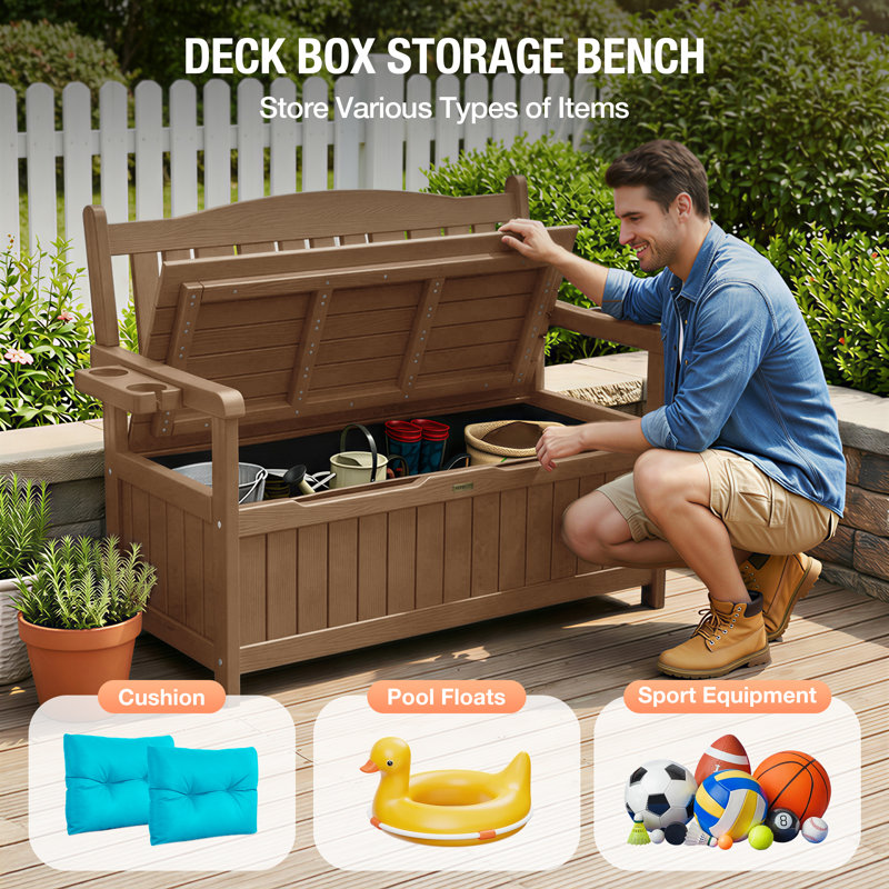 Storage Bench Deck Box For Patio Furniture, Front Porch Decor And Outdoor Seating – Perfect To Store Garden Tools, Brown