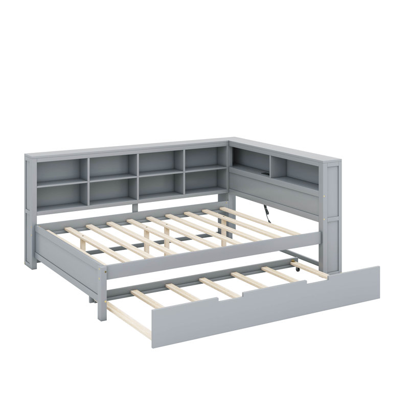 Wooden Daybed With Trundle, Daybed With Storage Shelf And USB Charging Ports, Full, Gray