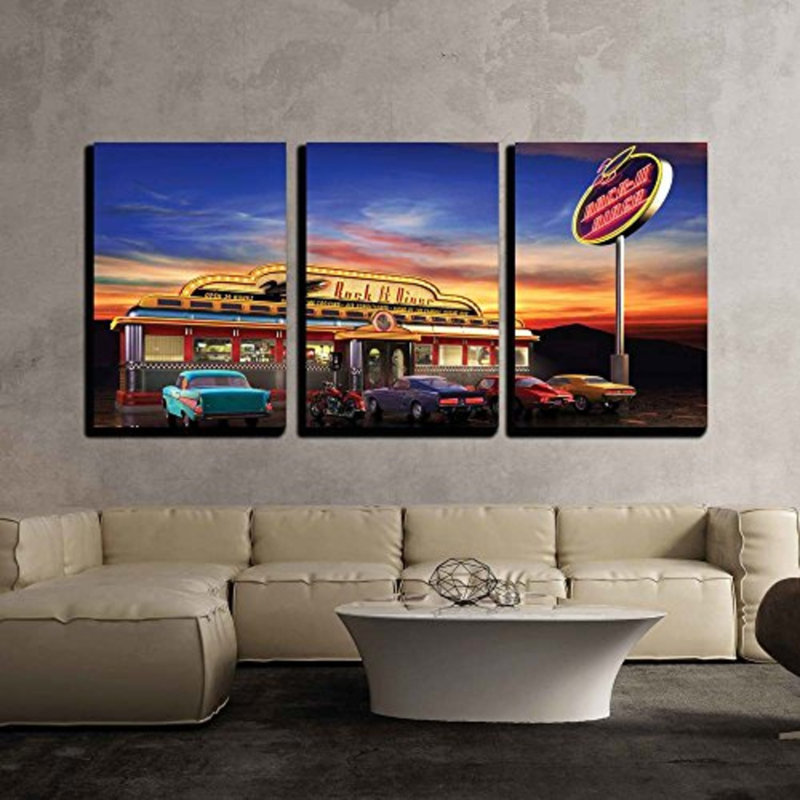 «Architecture American Retro Diner at Dusk», ensemble de 3 pièces, H 24 po x l 48 po, Toile tendue