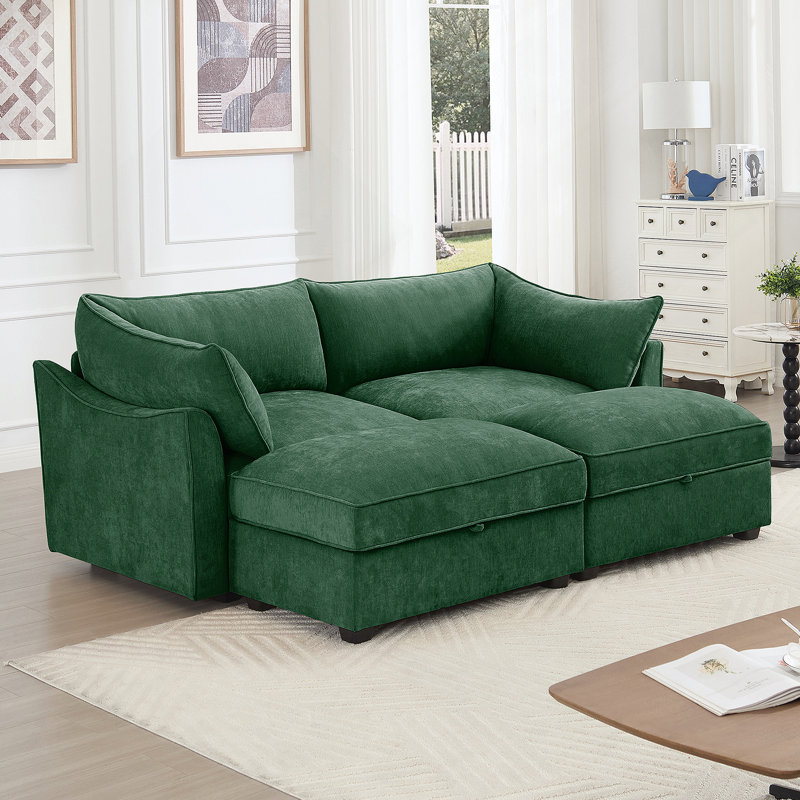 Canapé 2 places avec repose-pieds et repose-pieds mobile, vert chenille, rangement coulissant, conception peu encombrante