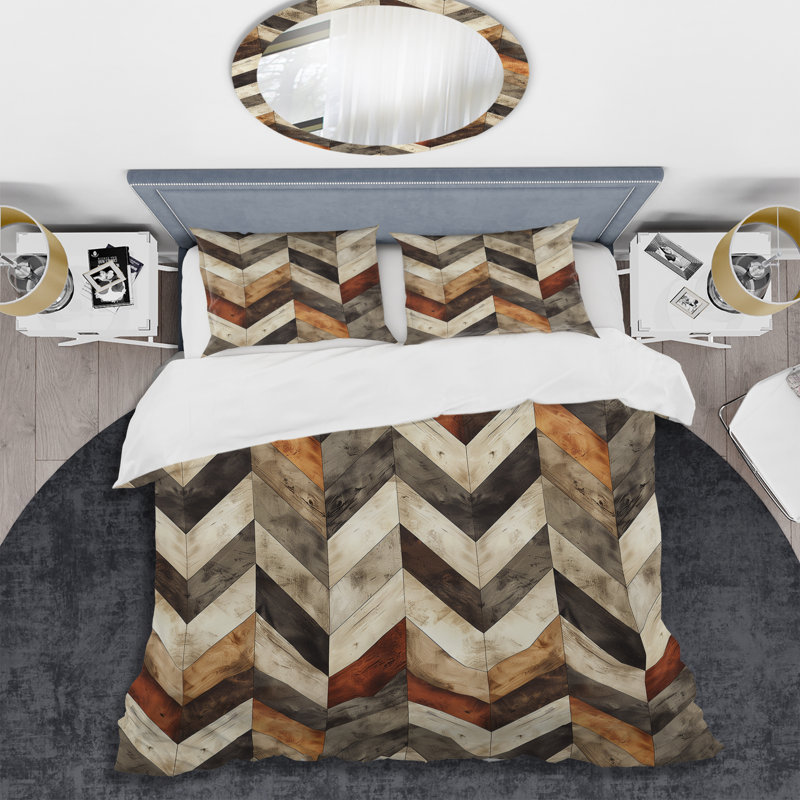 Ensemble de housse de couette beige à motif de chevrons orange moderne, Housse de couette simple et deux taies décorative