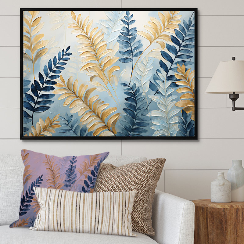 «Blue and Golden Ferns Breeze Symphony II», reproduction sur toile, Encadrement doré, H 34 po x l 44 po