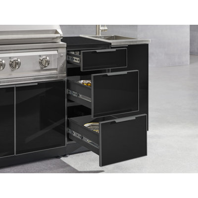 Ensemble d'armoires d'extérieur gris ardoise en aluminium 5 pièces avec évier, 3 tiroirs, armoire de barbecue, barbecue au propane liquide 40 po et comptoir en acier inoxydable 16 po
