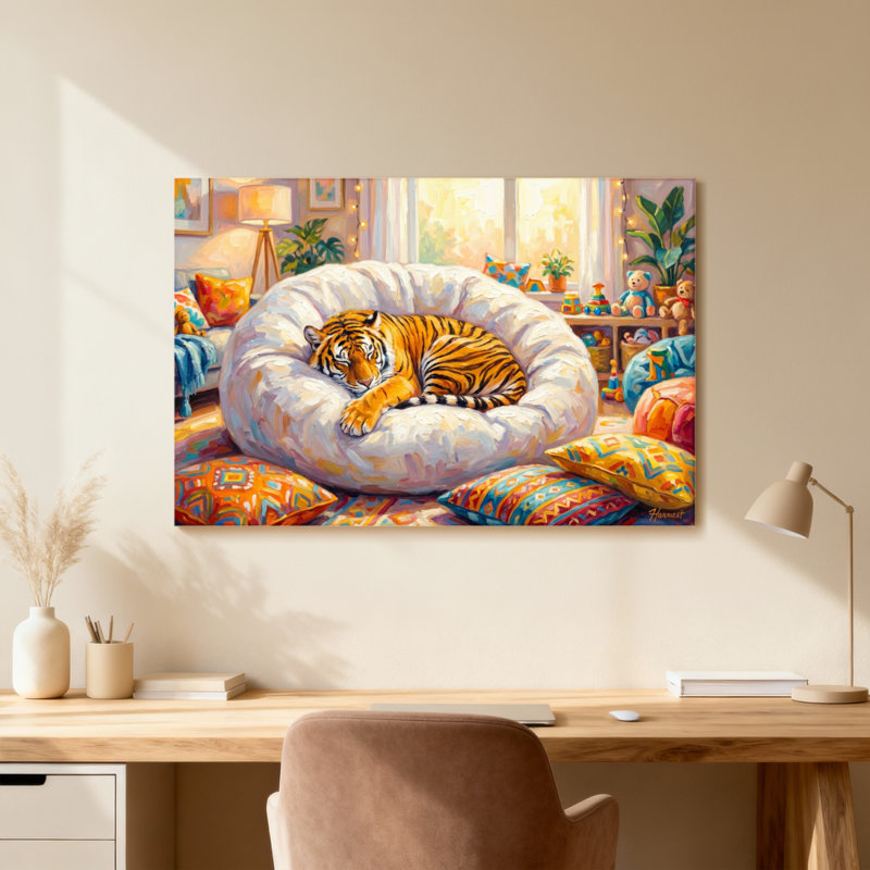Animals Tiger Resting In Cozy Bedroom Scene, 16" H x 24" W, Wrapped Canvas, Does Not Apply