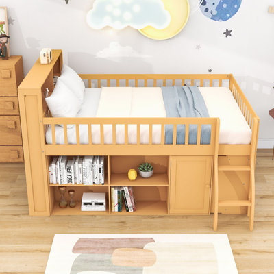 Wood Loft Bed with LED Headboard & Storage Shelves