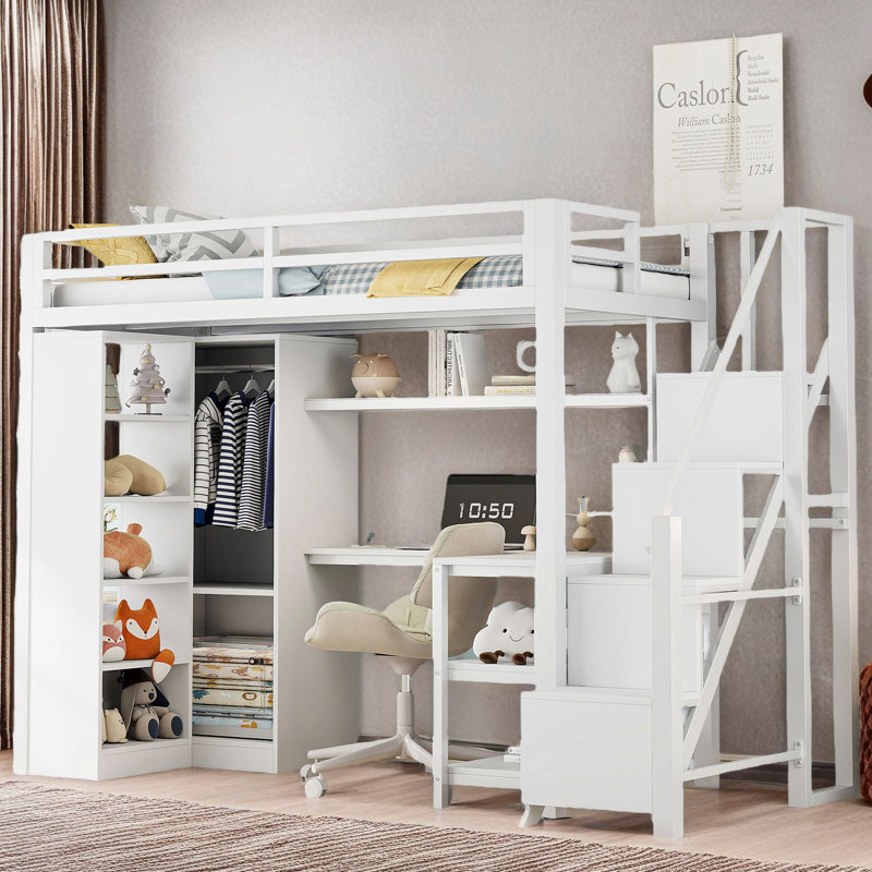 Lit mezzanine simple en métal avec bureau, ports USB, tablette à 5 couches, garde-robe et escalier à marches, blanc