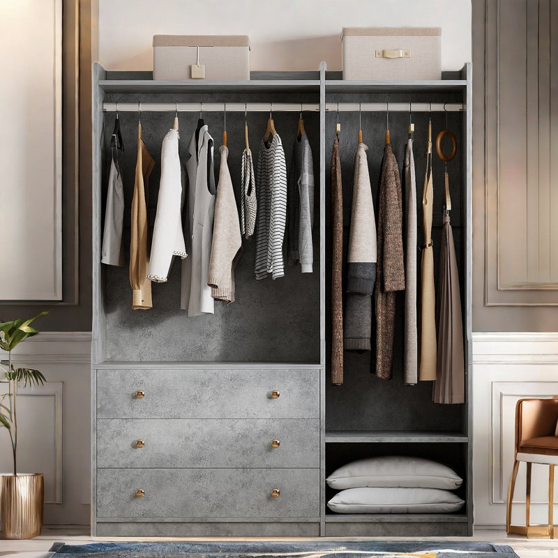 Open Wooden Wardrobe With Dual Hanging Rods, Five Shelves And 3 Drawers, Grey