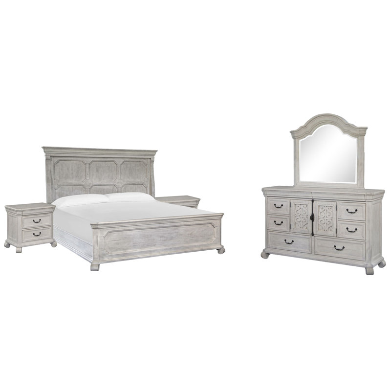 Très grand lit à panneaux 2 tables de chevet et commode avec miroir, Très grand