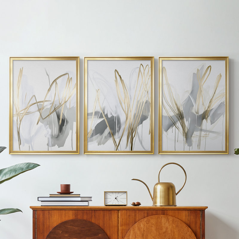 ABSTRACT Series DCCLV III - Toile tendue avec châssis sur mesure - 3 pièces, H 27 po x l 39 po, Doré