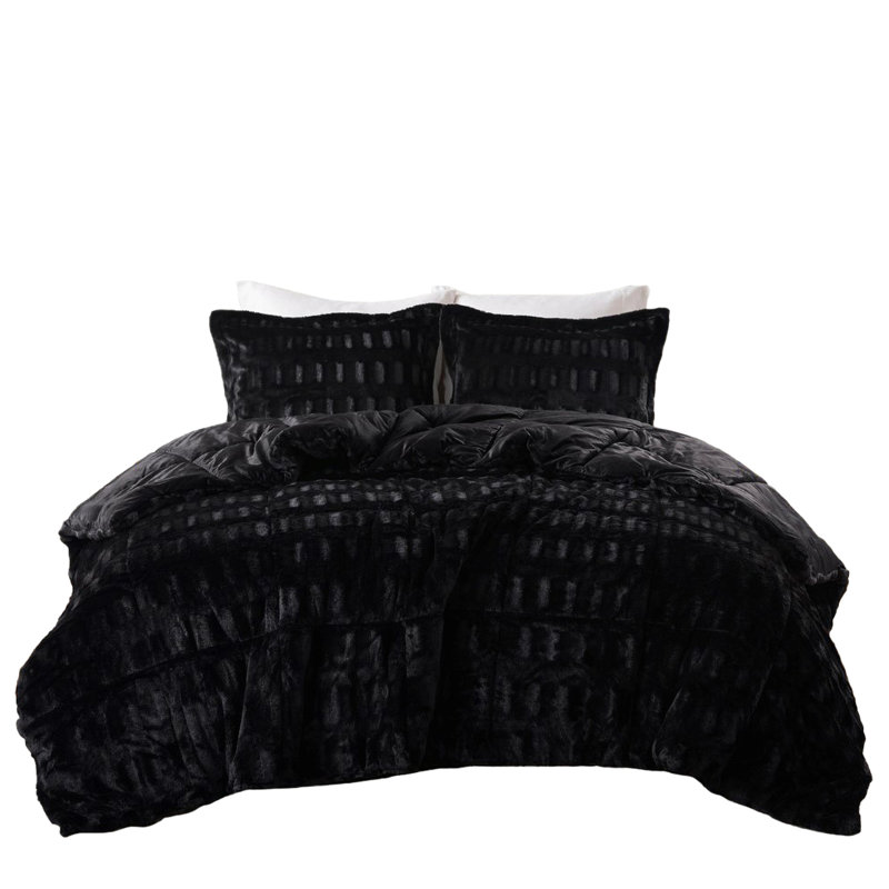 2 pièces, édredon en fausse fourrure unie noire pour lit simple / simple TG, envers en vison doux, rembourrage, séchage par culbutage à basse température pour libérer les fibres TG en noir, taies décoratives avec bride de pouce, perte de poils prévue