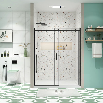 Cabine de douche coulissante pour salle de bain, verre trempé 5/16 po, noir mat, porte en verre Space Design - système de glissières confortables