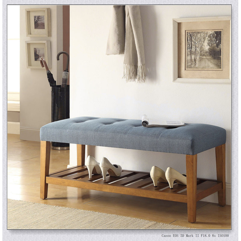 Banc rembourré capitonné bleu clair et chêne