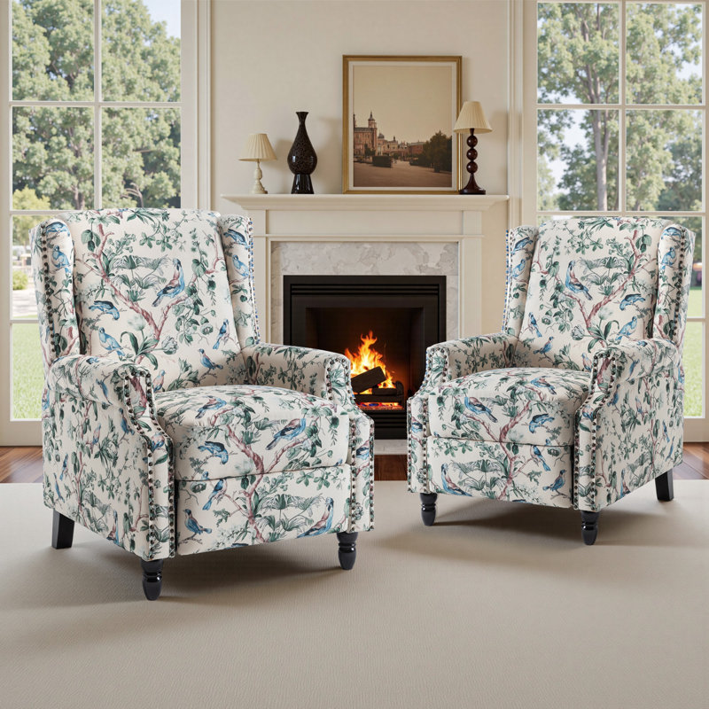 Ameiah 74 cm W Upholstered Wing Back Manual Push Back Recliner with Naihead Trims, Bird Polyester