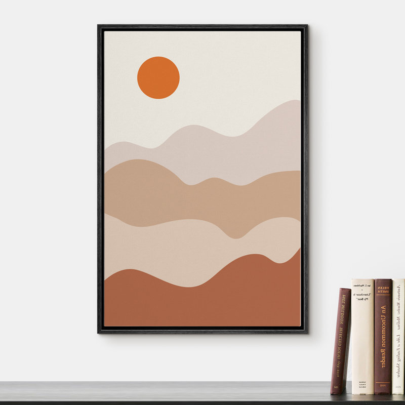 «Corrigan Studio®», reproduction d'art sur toile encadrée, soleil orange sur un sommet de montagne brun, nature sauvage, illustrations, art moderne, bohème, paysage coloré, pour le salon, la chambre à coucher et le bureau