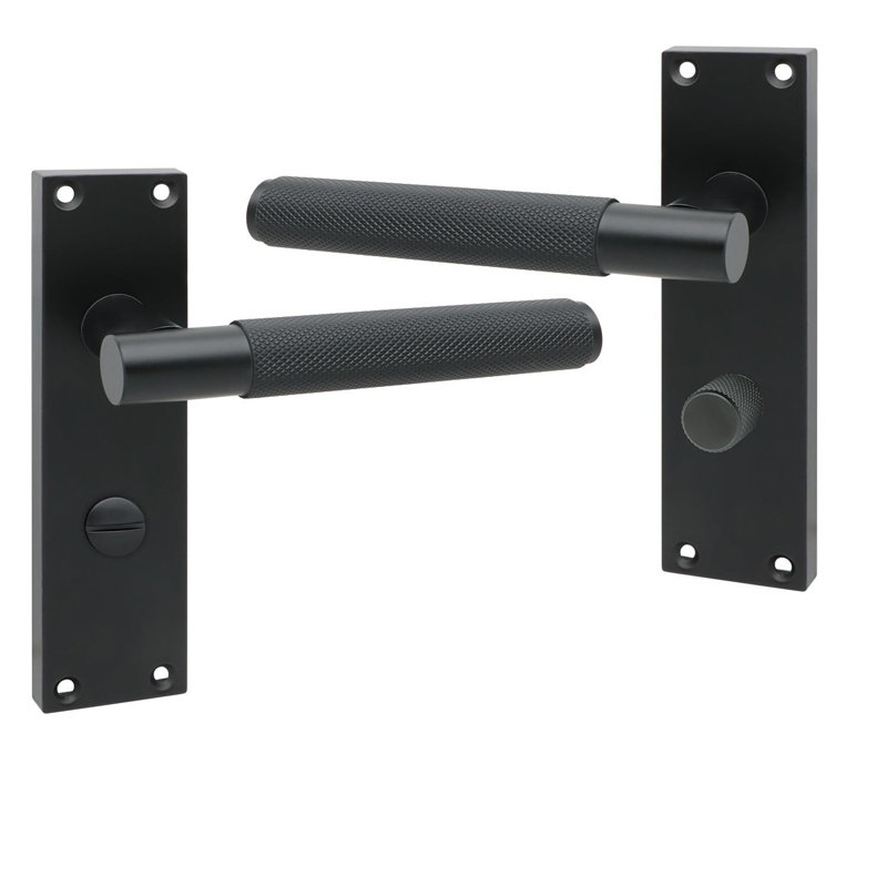 Golden Grace Victorian T-Bar Knurled Bathroom Door Handle Set Matt Black Finish with Spindle and Screws - 150mm