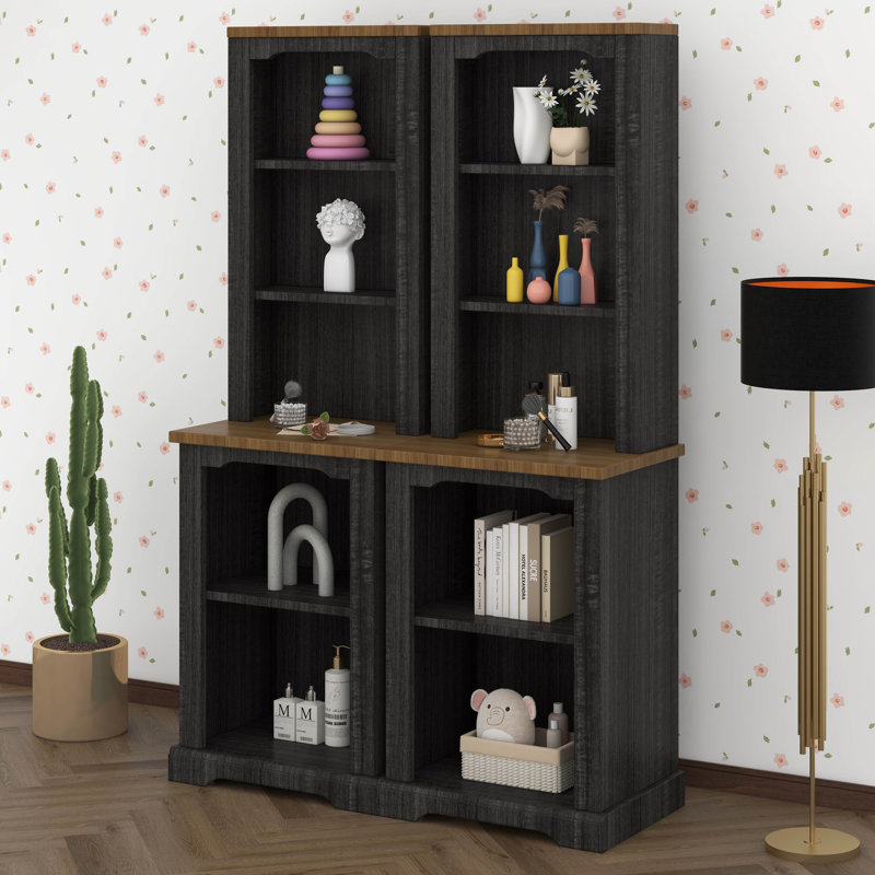 Two-Piece Tall Curved Bookshelf, Freestanding Tall Cabinet With Fully Open Storage, Stylish Display Shelf With Anti-Tip Device