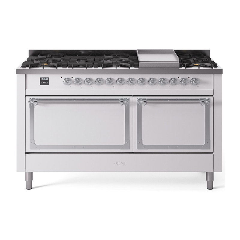 ILVE Nostalgie II Noblesse 60 in Dual Fuel Range, 9 Burner, Griddle, White/Chrome, Natural Gas