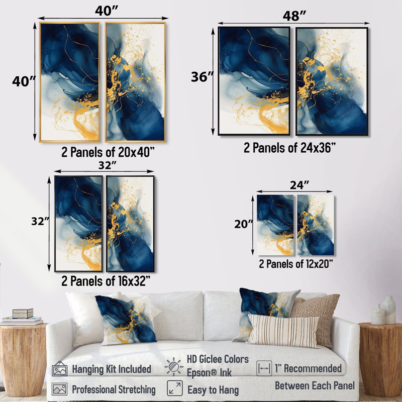 Décorations murales bleu foncé et or foncé IV - Fractales abstraites 2 panneaux, H 36 po x l 48 po, Crème, crème