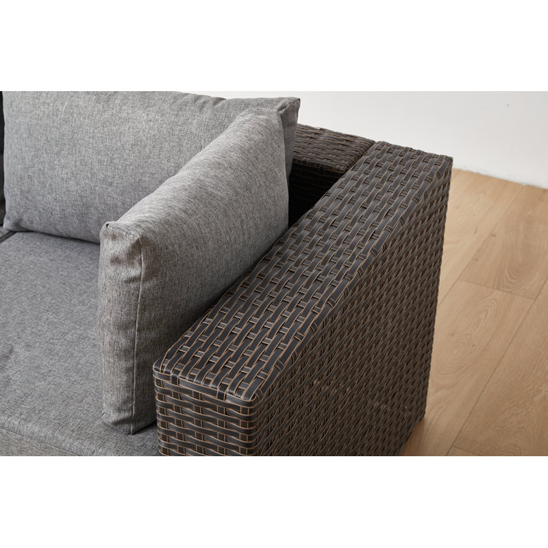 Ensemble de conversation en osier / rotin pour 6 personnes avec coussins Vangogh, Brun / gris