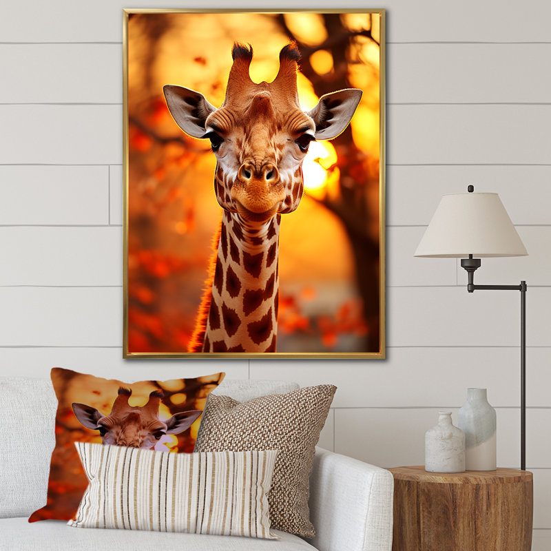 Portrait de girafe majestueuse - Art mural animal girafe, H 44 po x l 34 po x P 1,5 po, Cadre photo noir