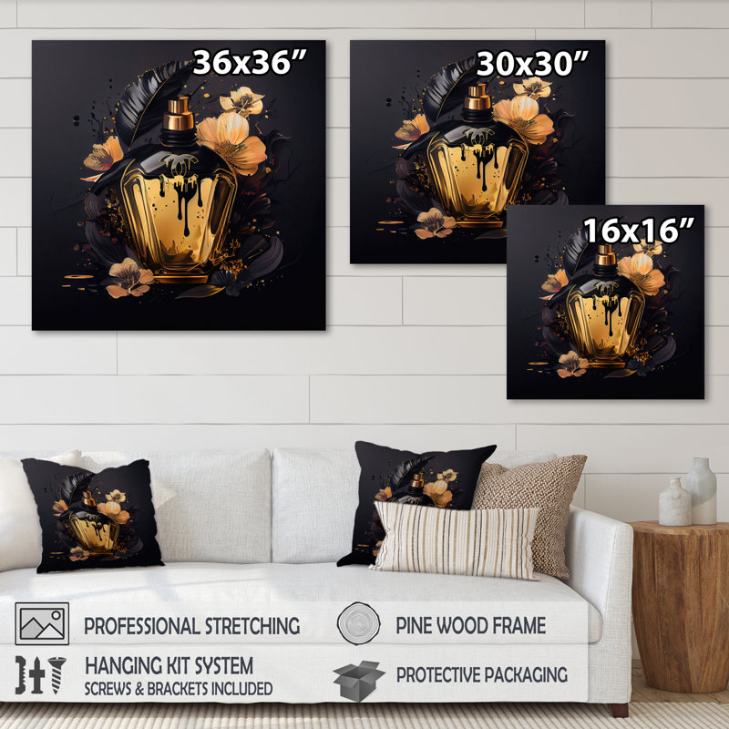 «Chic Black and Gold Perfume Bottle IX», impression sur toile, H 24 po x l 24 po x P 1 po, Toile tendue
