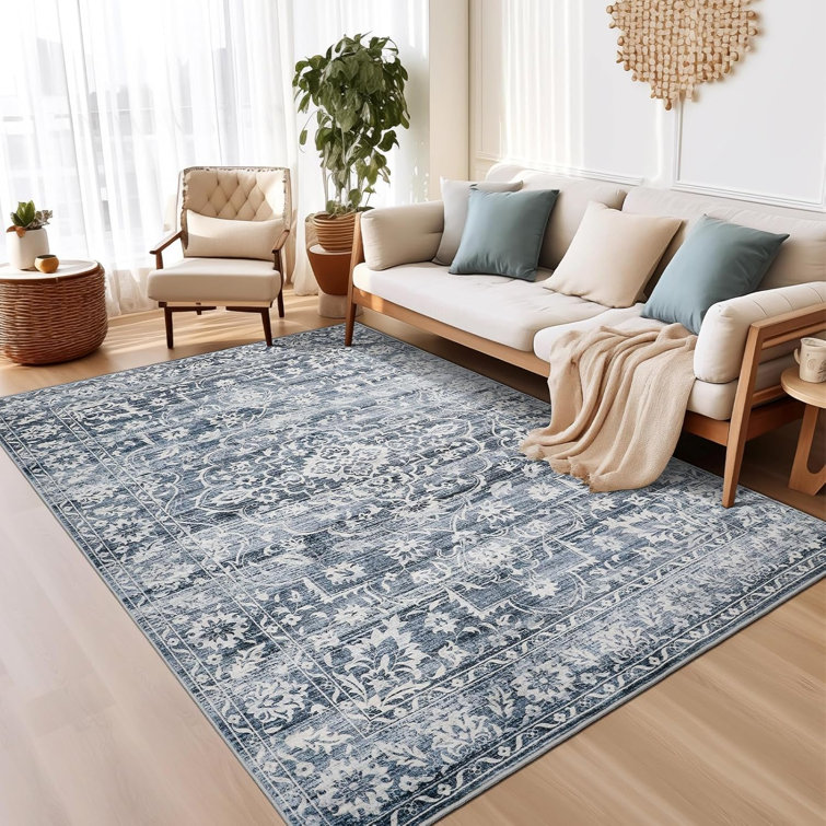 Machine Washable Medallion Floral Area Rug(Blue)
