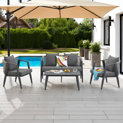 Durable Outdoor Seating Set with Iron Table & Cushions, Perfect for Patios Lawns or Poolsides