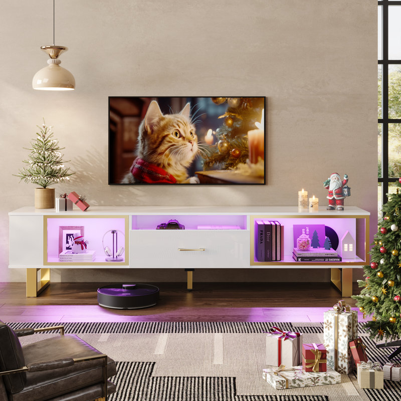 Martee 70" Led TV Stand for 75/80 inch TV, Glossy Media Console with Half-Glass Drawer, White Glossy