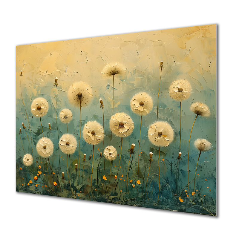 «Beige Blue Spring Dandelion Collage I», art mural salon pissenlit, Métal métal, H 12 po x l 20 po