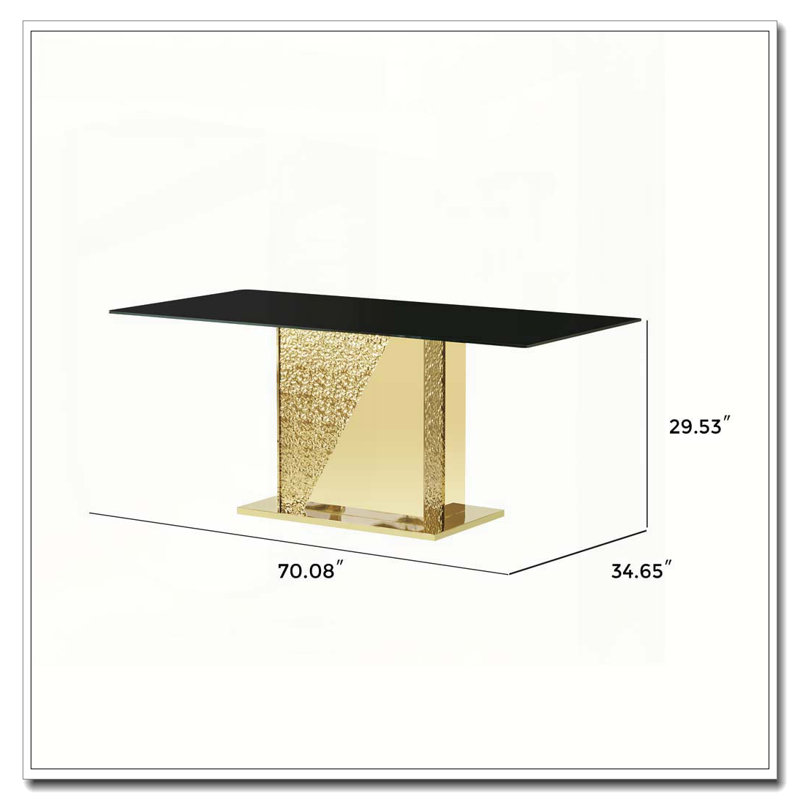 Table de salle à manger avec pieds en acier inoxydable doré et plateau en verre trempé noir de 70,08 pouces