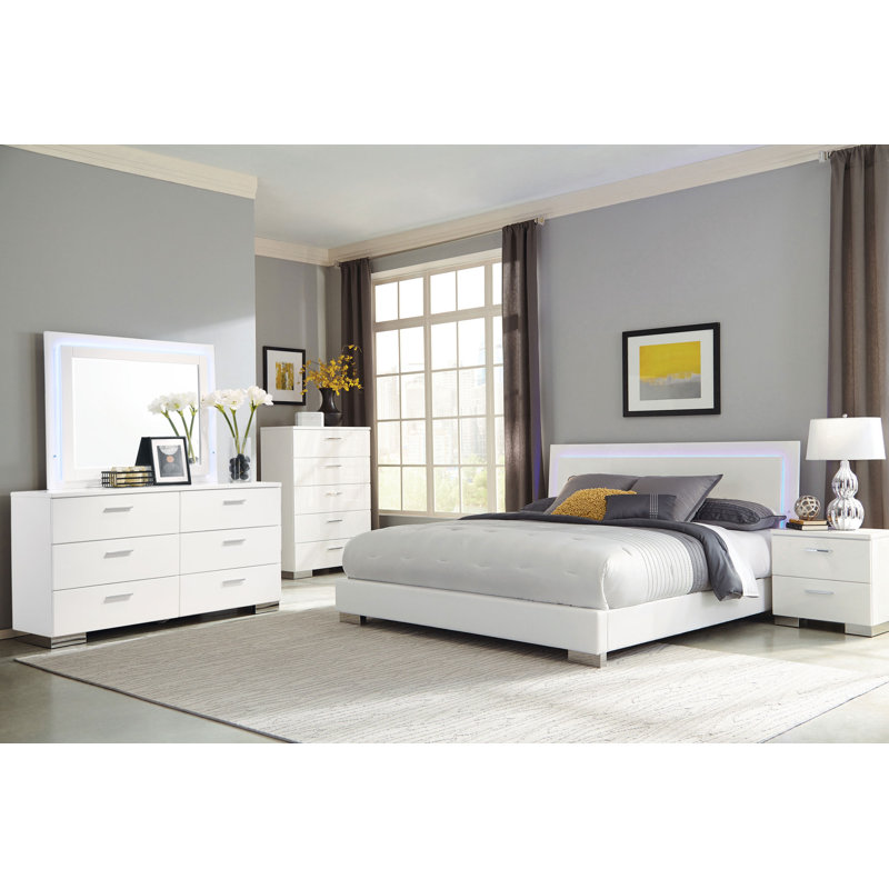 Dixie Glossy LED Lighting Panel Bedroom Set, Grand lit, Ensemble de 5 pièces : lit, table de chevet, comm