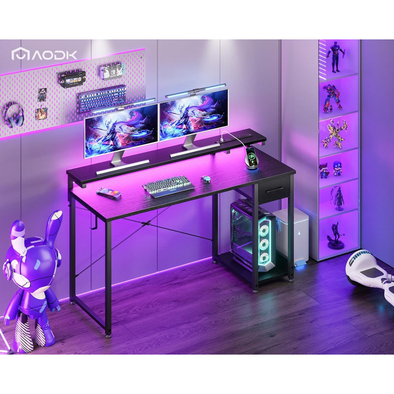 Gaming Desk with LED Lights & Power Outlet, 48 Inch Computer Desk with Drawer, Reversible Desk with Adjustable Monitor Shelf & Headphone Hook for Home Office, Black