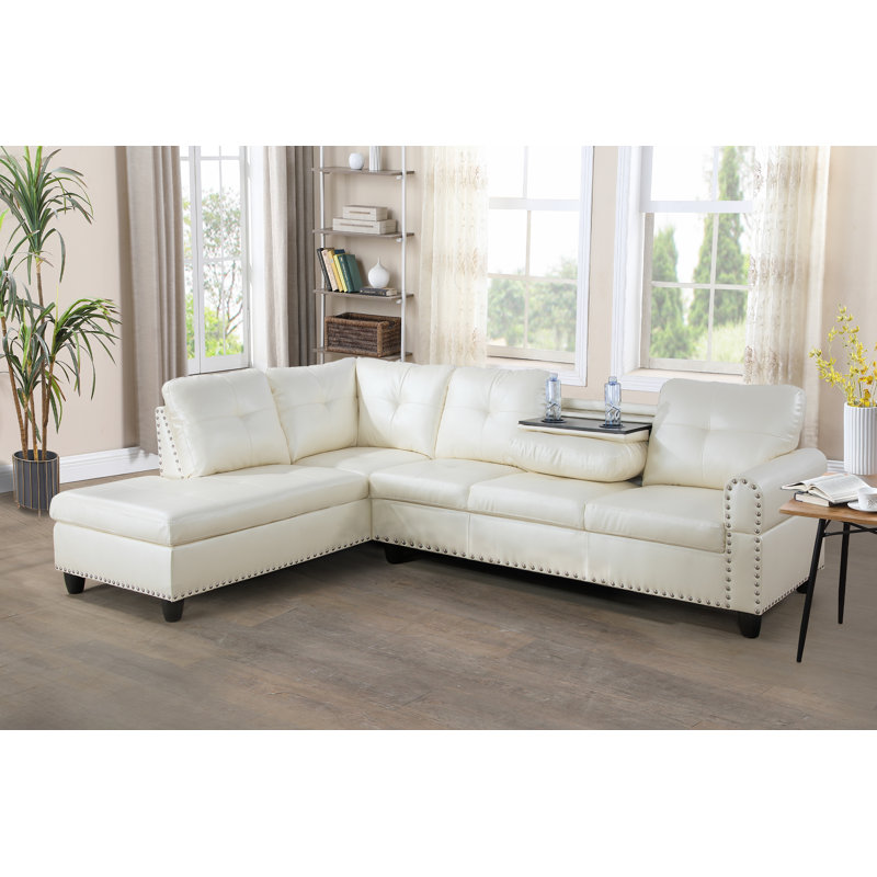 Louvenia Upholstered L-Shaped Sectional, Left Hand Facing, Off White Faux Leather