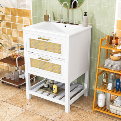 Meuble-lavabo compact élégant avec lavabo en céramique, façade en rotin et rangement ouvert