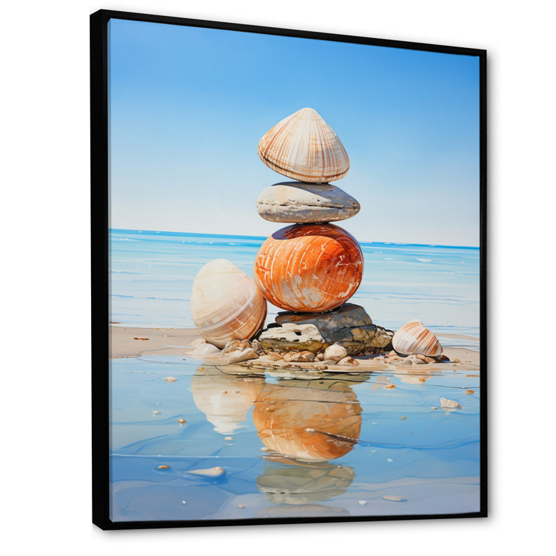 Caberfae Minimalist Beach Shells Tower I - reproduction sur toile, H 32 po x l 16 po x P 1 po, Cadre flottant noir
