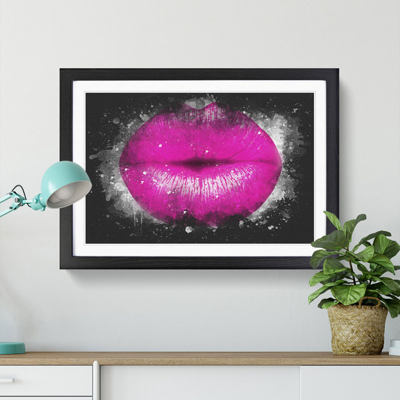 Hot Pink Lips - Picture Frame Graphic Art Print on MDF, 45cm H x 63cm W x 2cm D, Black Framed