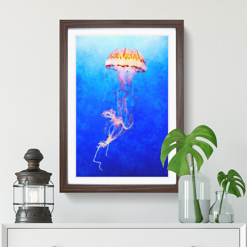 Orange Jellyfish - Picture Frame Painting Print, 87cm H x 62cm W x 2cm D, Walnut Framed