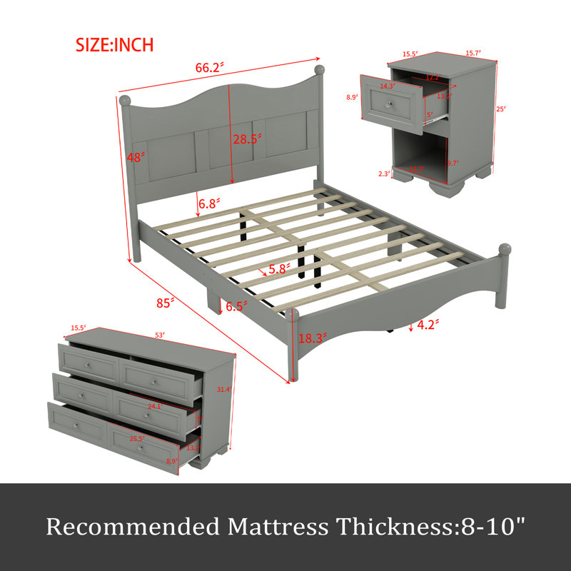 Ensemble de chambre à coucher de style rétro 4 pièces, lit plateforme grand avec un design élégant, table de chevet et commode avec poignée en métal