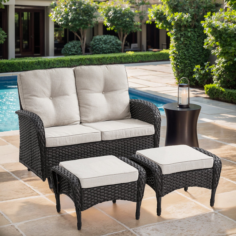 Aluel 50" Polyethylene (PE) Wicker Outdoor Patio Glider Loveseat With Ottomans, Beige, Black