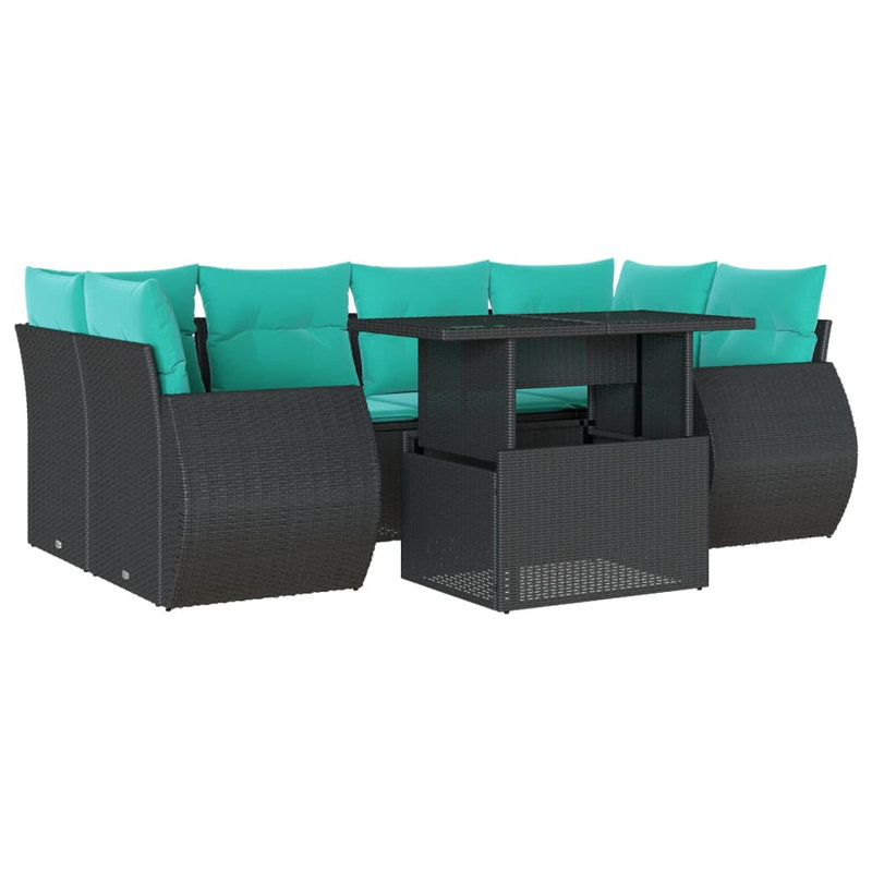 Ensemble de canapé de patio 7 pièces avec coussins en rotin de polyester, Bleu clair, Noir