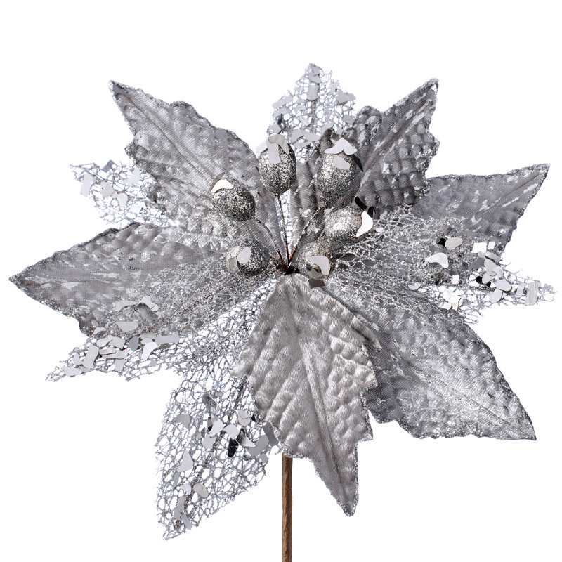 Fabric Poinsettia Arrangement, 40cm H x 29cm W x 29cm D, Silver