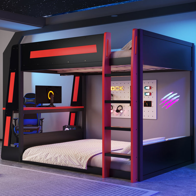 Lit superposé double en bois avec bureau, lumière DEL et USB, deux tablettes de rangement pour les joueurs, noir et rouge