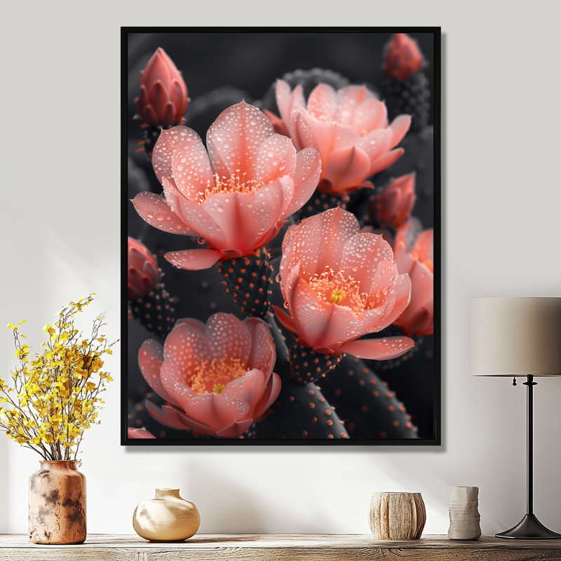 Photo de cactus en fleurs rose pastel floral - cactus floral salon, Toile avec cadre flottant noir