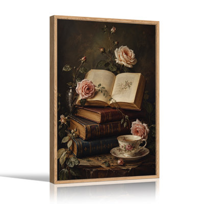 Art rétro sur toile, livres rétro et roses roses avec tasse de thé