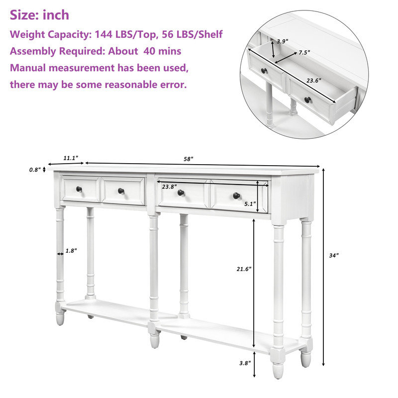 58" Wide 2-Drawers Buffet Table, Retro Sideboard with Bottom Shelf, Ivory White