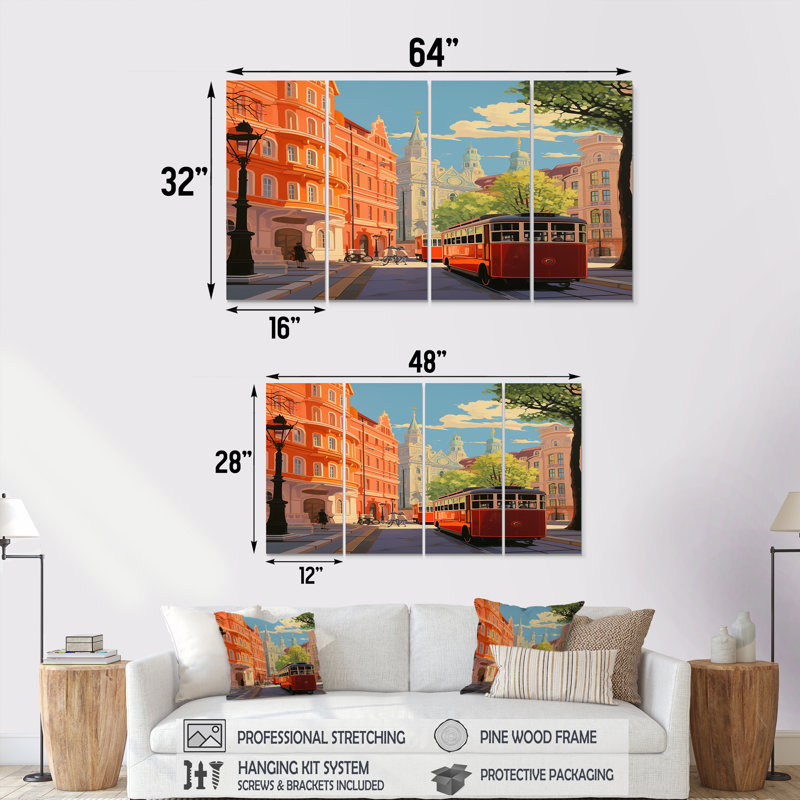 «Vintage Metro in Sunny Barcelona - Train», art mural sur toile 4 pièces, H 32 po x l 64 po