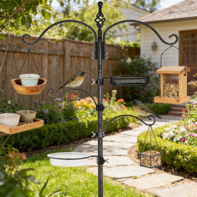 Mât de 83 po pour oiseaux avec base d'ancrage à 5 branches, poste de suspension robuste pour mangeoires d'oiseaux, jardinières et décoration extérieure