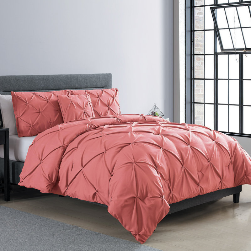 Carmen 3-Piece Pintuck Comforter Set, Coral, King Comforter + 2 Shams + 1 Throw Pillow